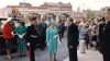Her late Majesty Queen Elizabeth II outside Medlock Street at opening of office in Manchester July 17 1992
